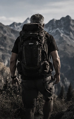 Ilustração gerada por IA de uma pessoa com mochila caminhando em uma paisagem de montanhas.