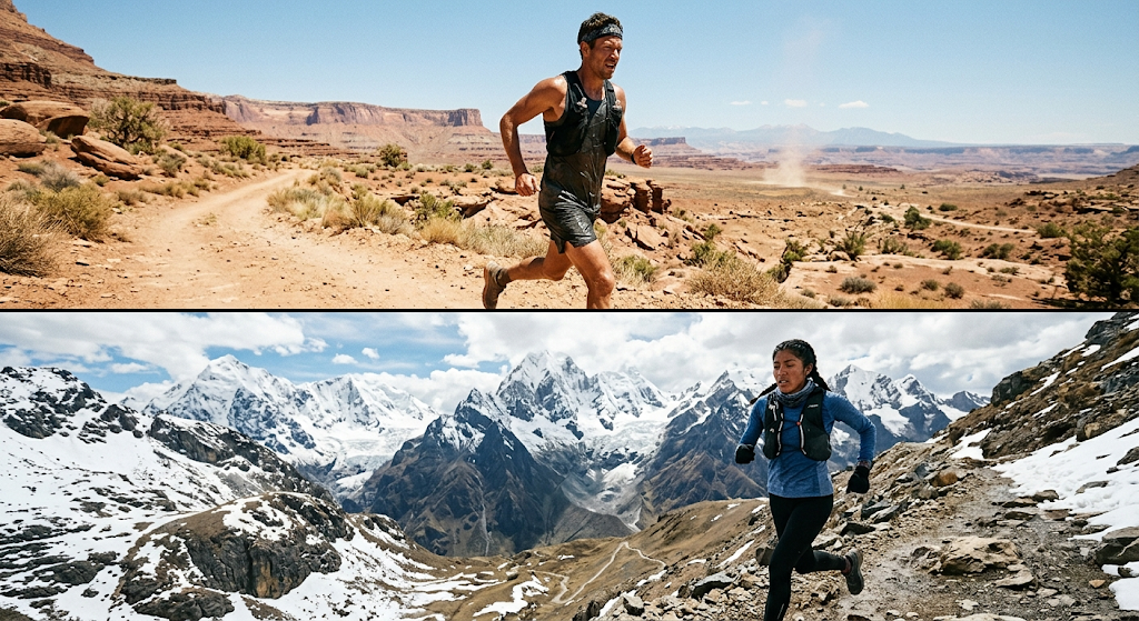 Dois atletas correndo em trilhas de deserto e montanha, representando calor, altitude e terreno como variáveis de treino.