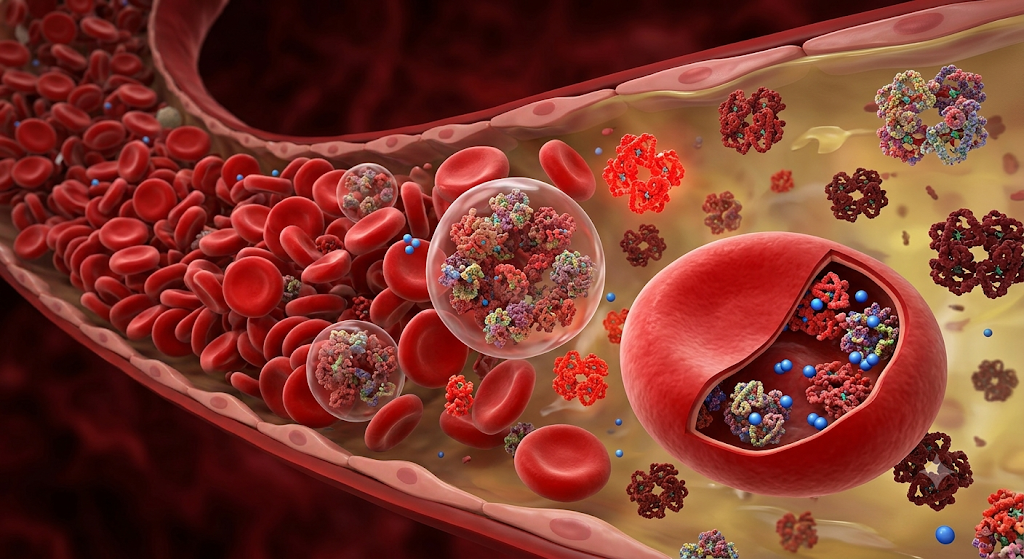 Ilustração científica de sangue, glóbulos vermelhos e transporte de oxigênio por hemoglobina.